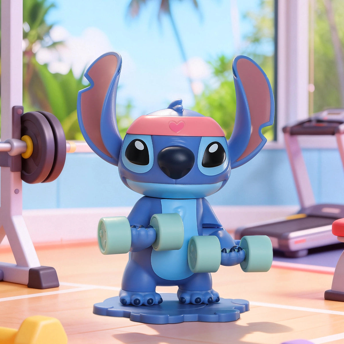 Stitch weightlifting wind-up toy holding two green dumbbells in a gym