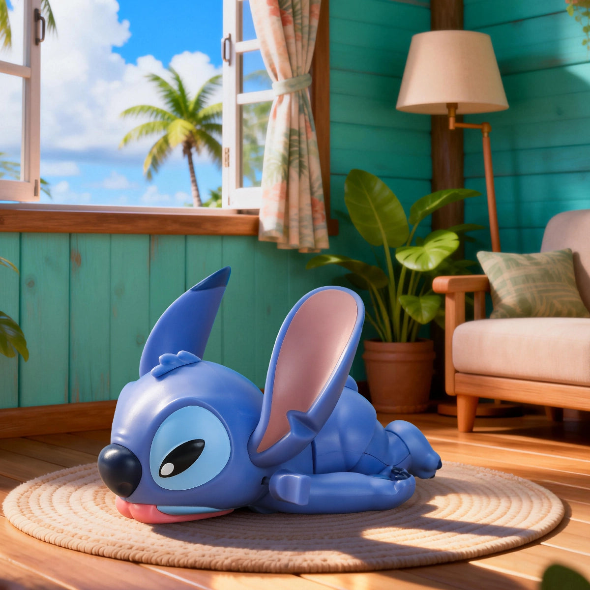 Stitch wind-up toy lying flat with tongue out on a round rug