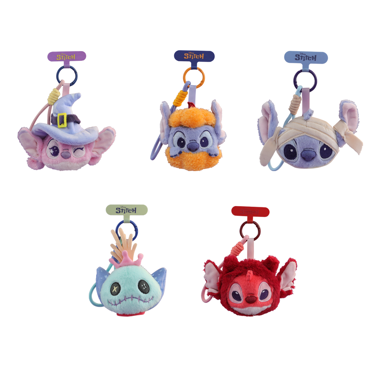 bộ sưu tập đầy đủ của năm thiết kế dây chuyền điện thoại Halloween Stitch, Angel và Scrump thú bông