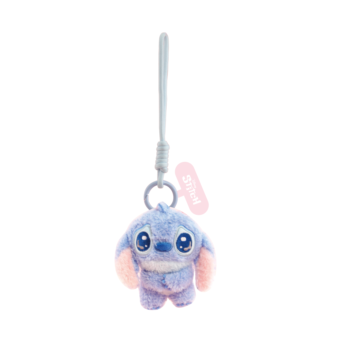 Teary-eyed Stitch plush phone charm with folded hands shown on a black background