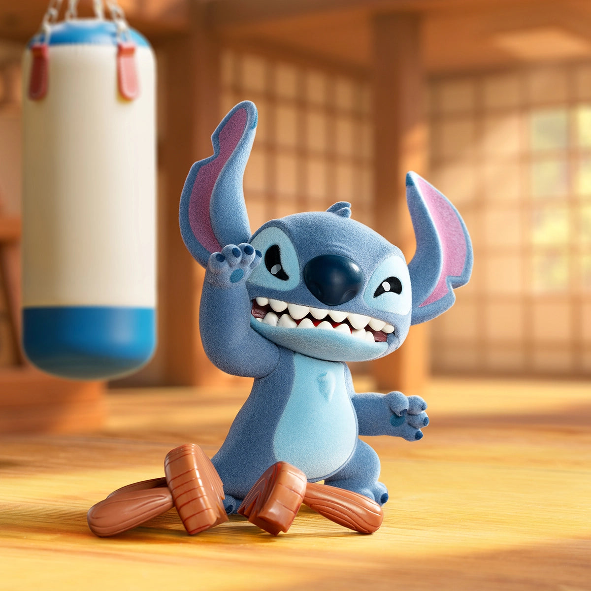 Stitch saluting beside a pile of broken wooden pieces