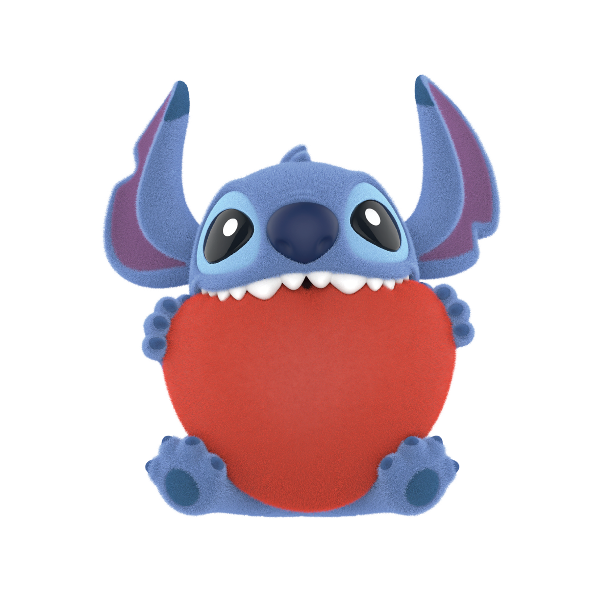 Stitch figure seated while hugging an oversized red ball