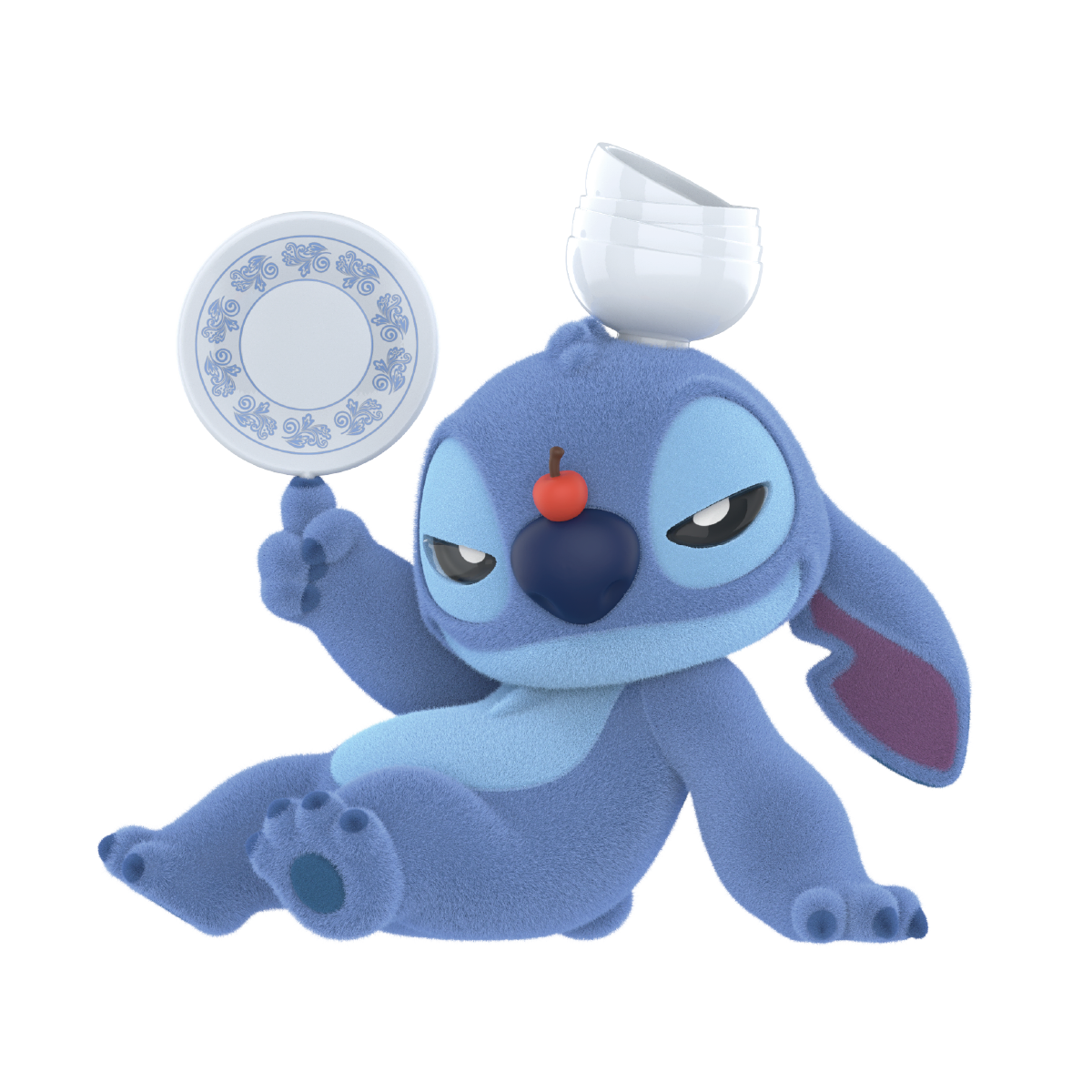 Stitch balancing bowls on his head and holding a plate with a cherry on his nose