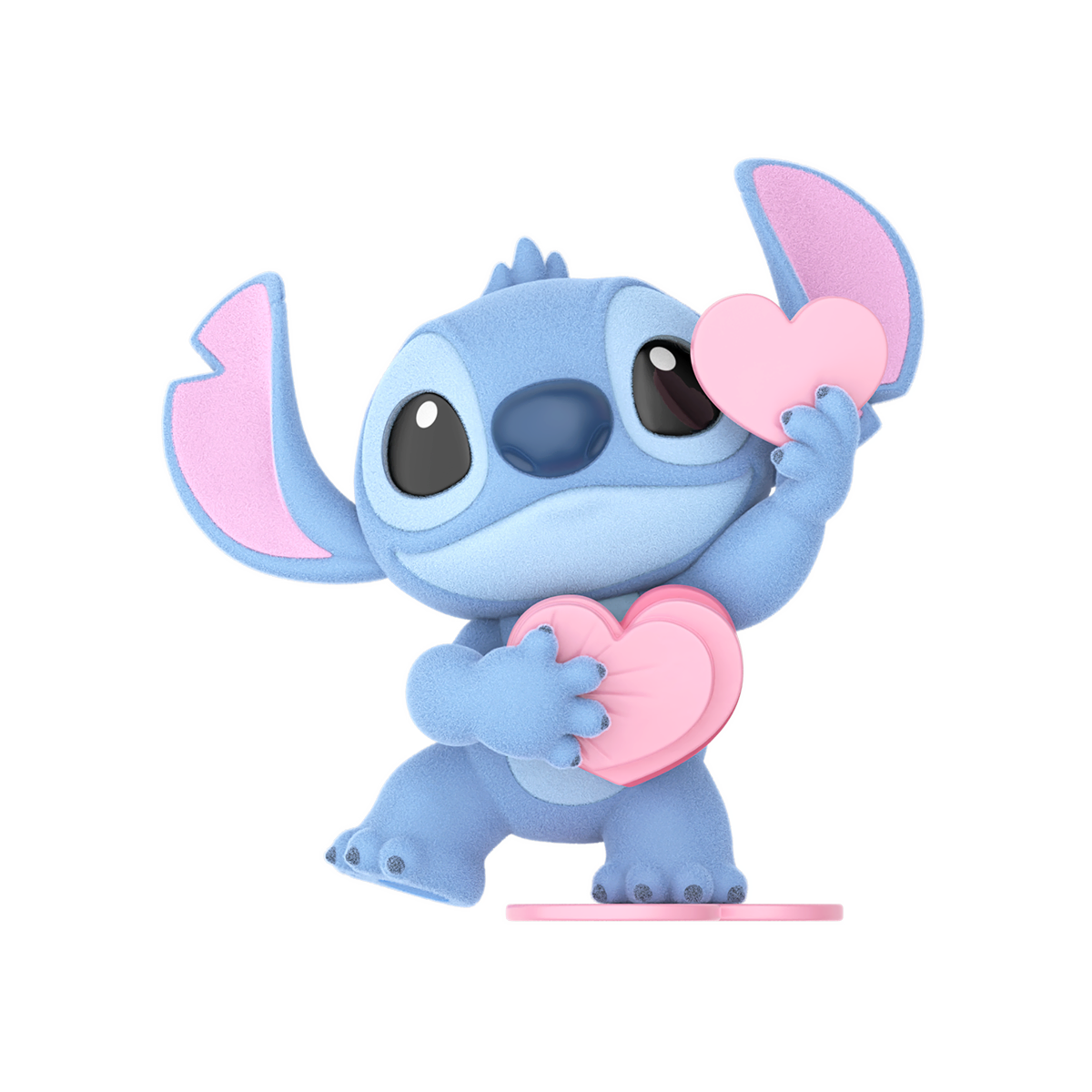 Stitch holding two pink hearts shown on a black background