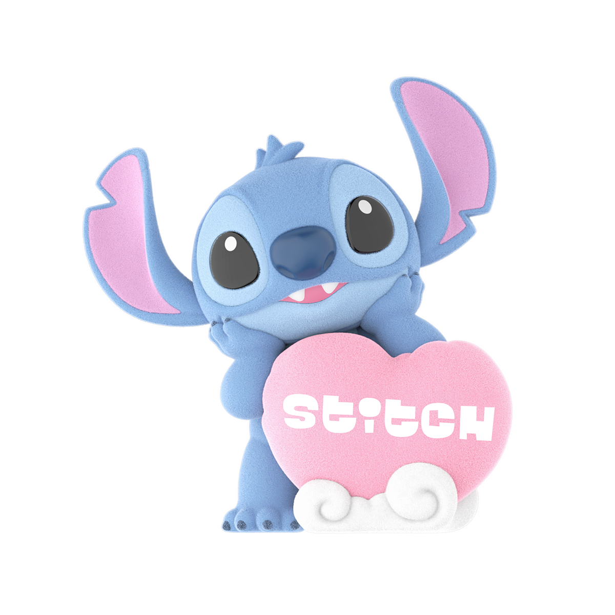 Stitch leaning on a pink heart sign shown on a black background