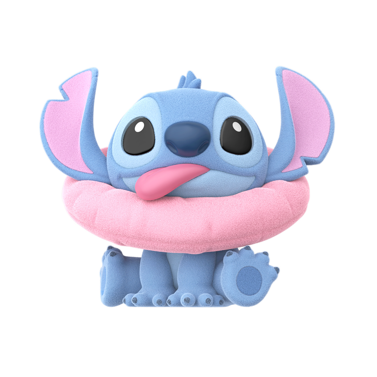 Stitch wearing a pink neck pillow shown on a black background