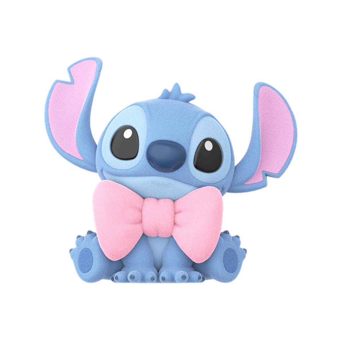 Stitch seated with an oversized pink bow tie shown on a black background