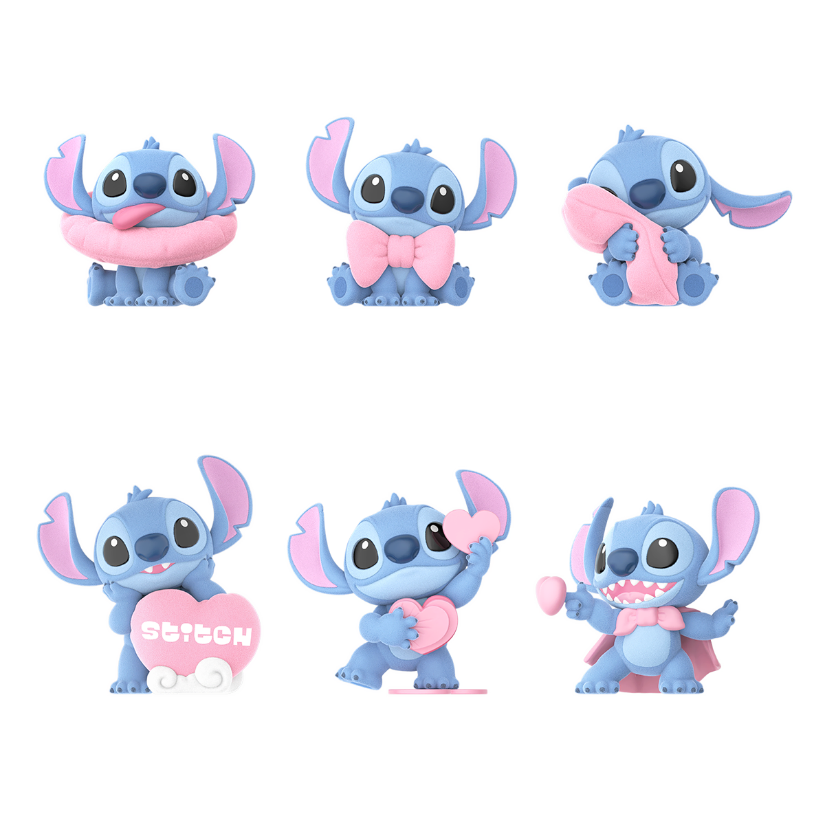 Complete lineup of six Stitch Sweet Pink heart-themed figure designs