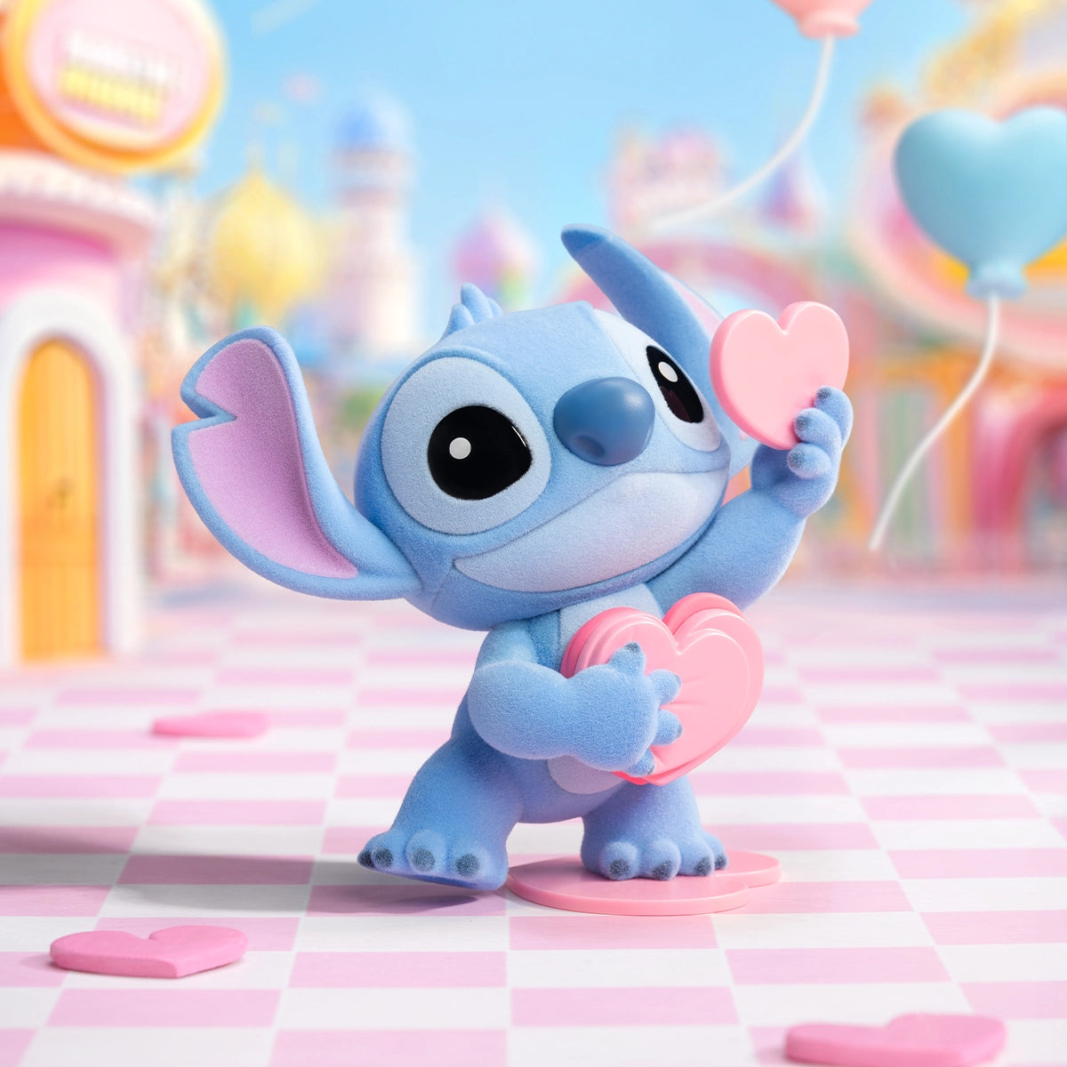 Stitch holding two pink hearts in a candy-colored street scene