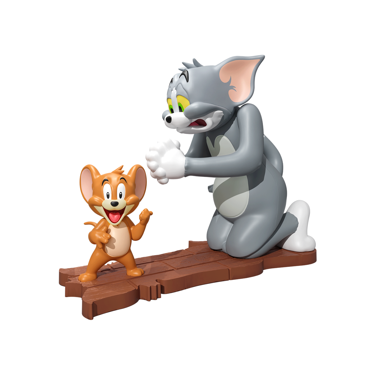 Begging for Mercy, kneeling Tom pleading with clasped fists as cheery Jerry stands on a wood base, Tom and Jerry
