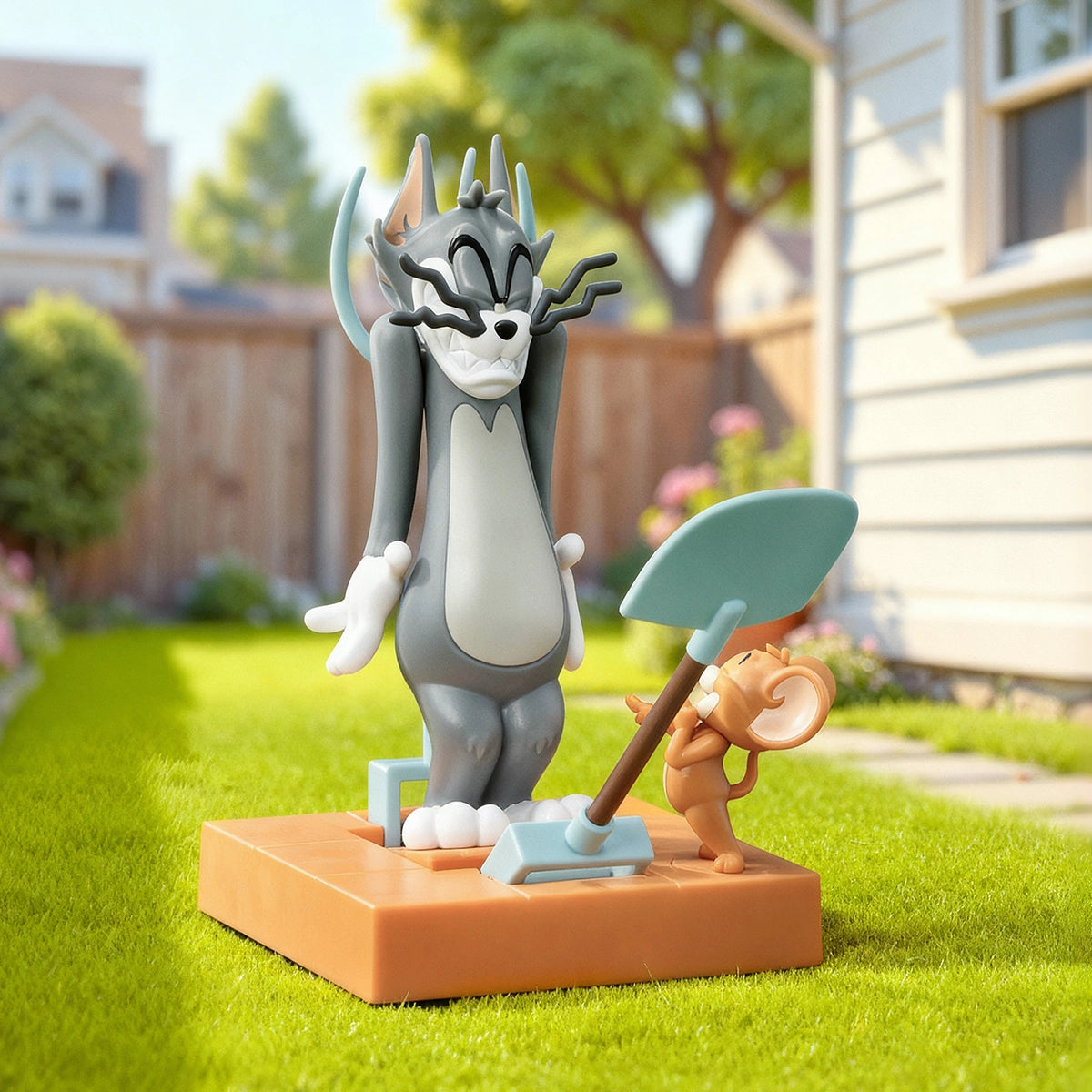 Double Trap, cross-eyed Tom pinned by pitchfork and shovel while Jerry watches in a sunny backyard, Tom and Jerry
