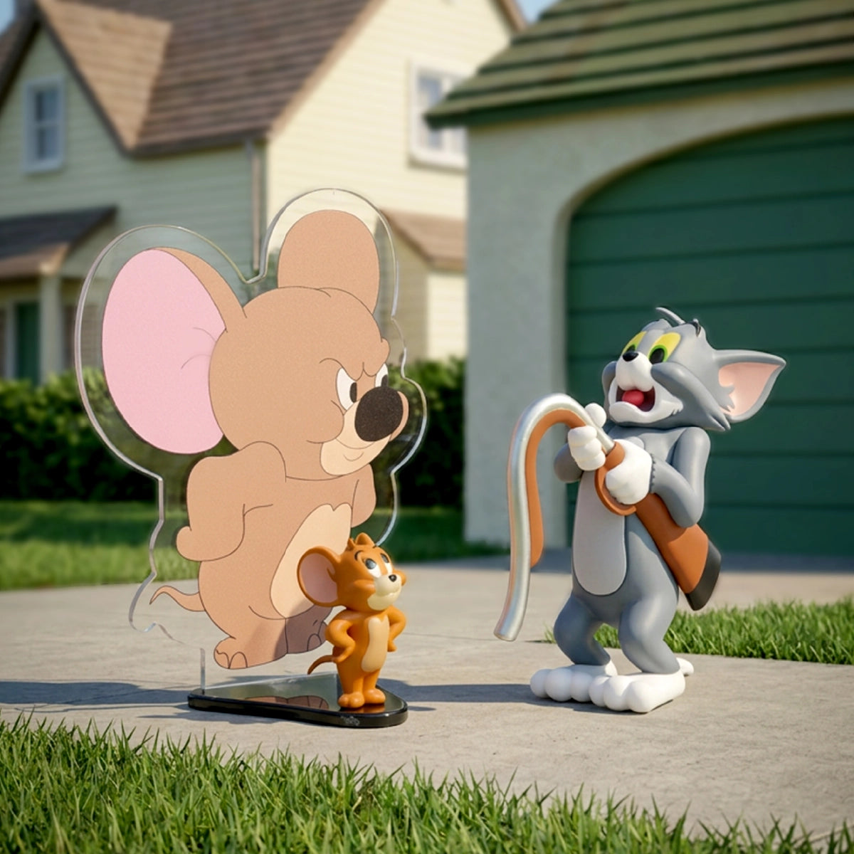 Jerry holding a giant mouse cutout while Tom carries coiled rope outside a house