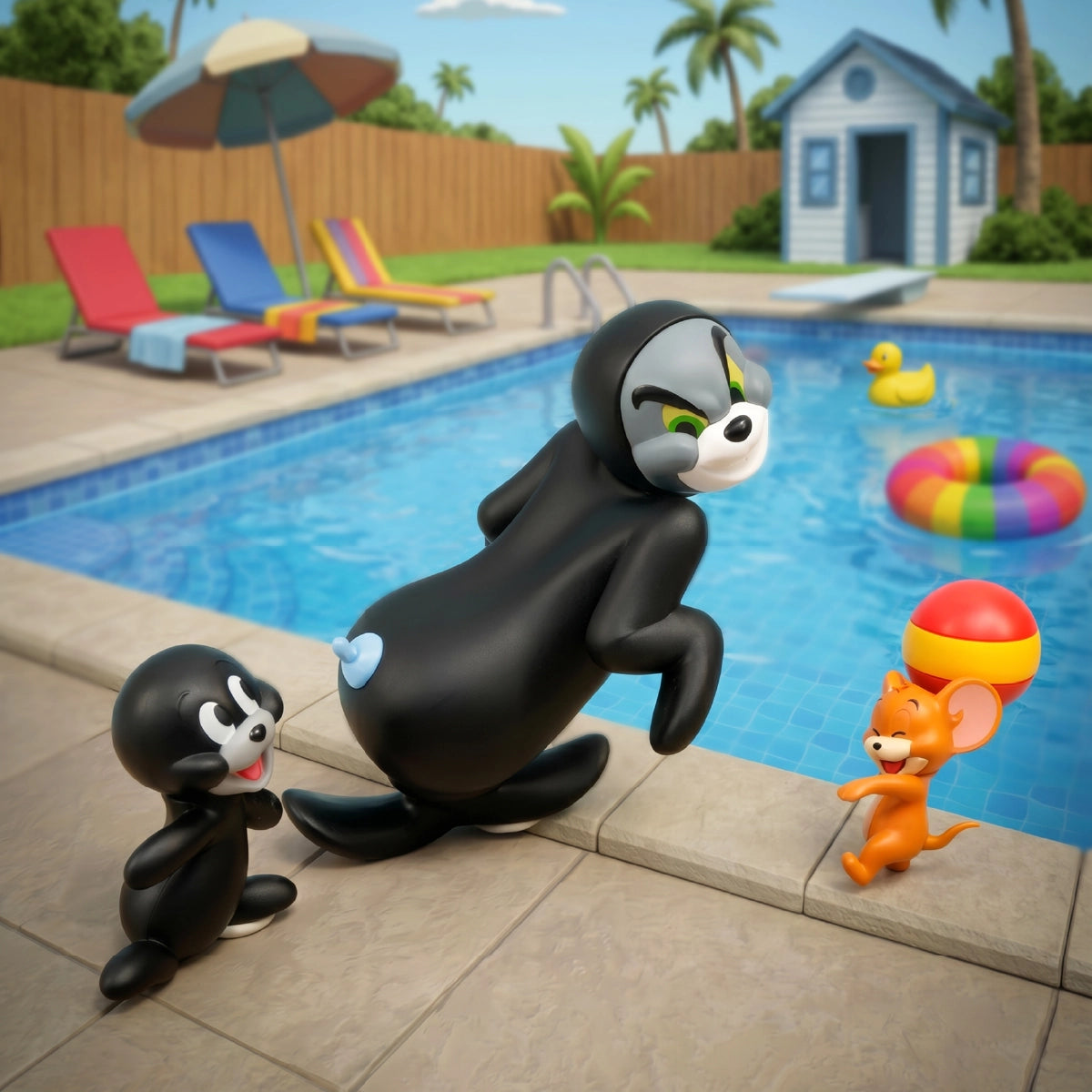 Tom, Jerry, and two black alley cats playing together beside a swimming pool