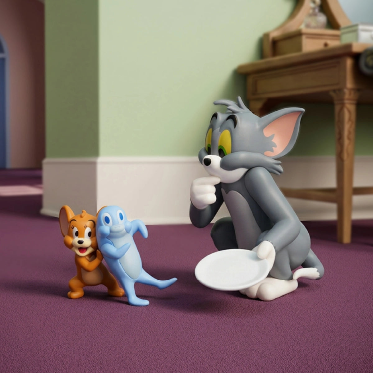 Jerry and a blue mouse showing Tom a blue fish while he holds a white plate