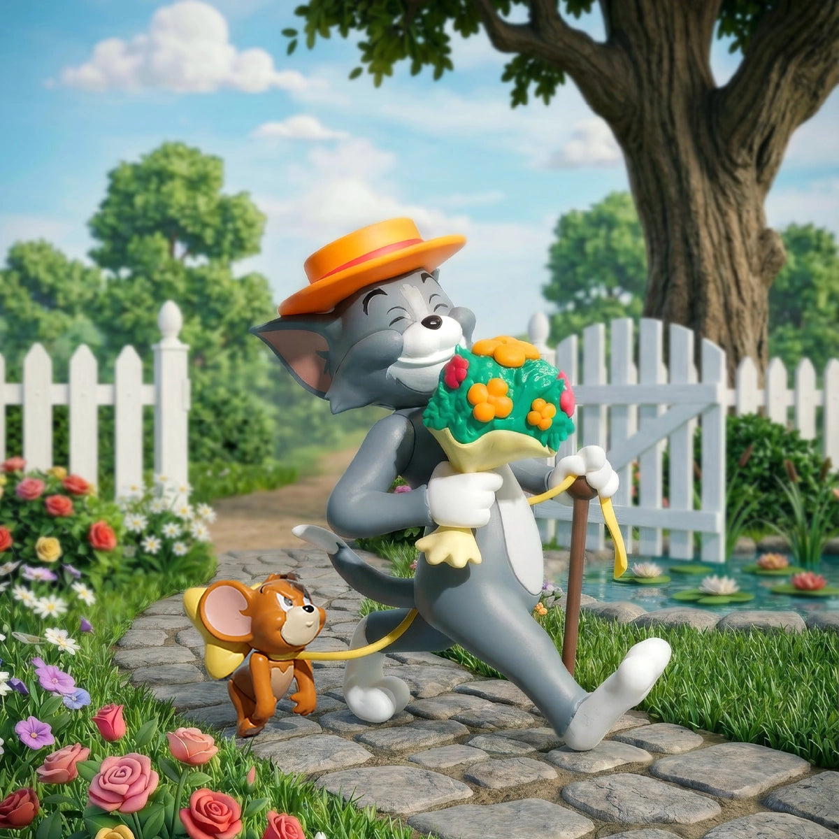 Tom in a garden outfit carrying flowers while Jerry helps with the suitcase
