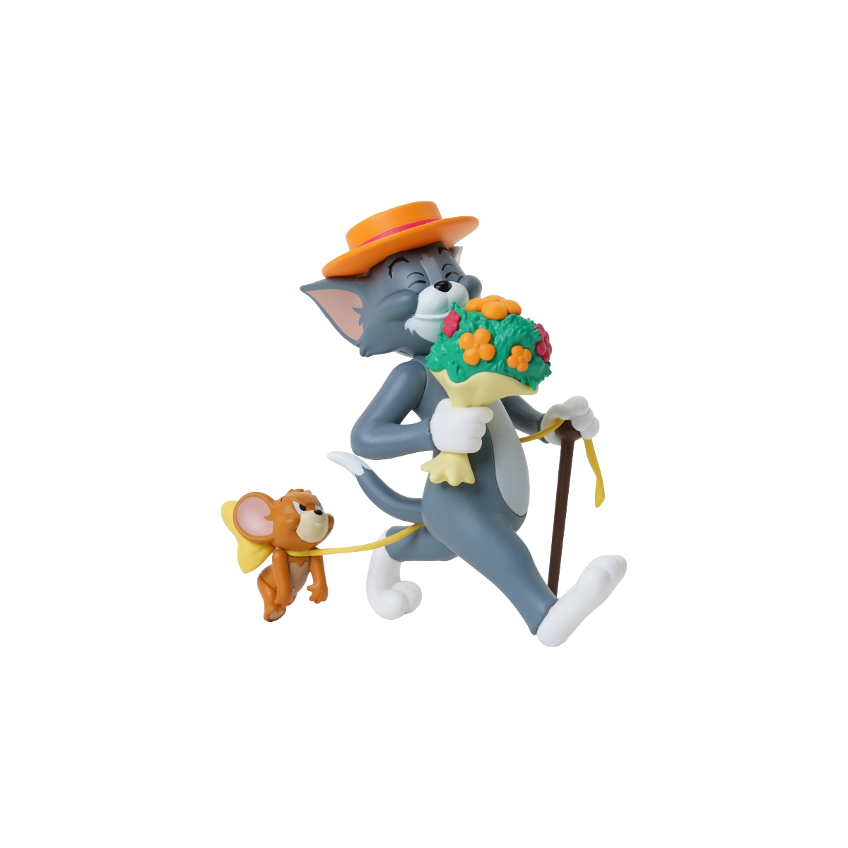 Tom carrying flowers, suitcase, and cane while Jerry hangs from the luggage