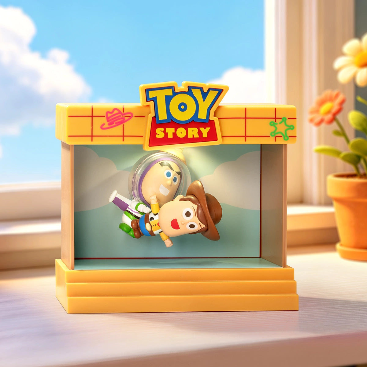 Woody and Buzz Lightyear flying scene displayed by a sunny window