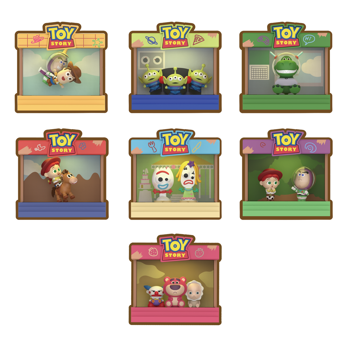 Complete lineup of six Toy Story Classic Movie Moments stage scenes plus secret