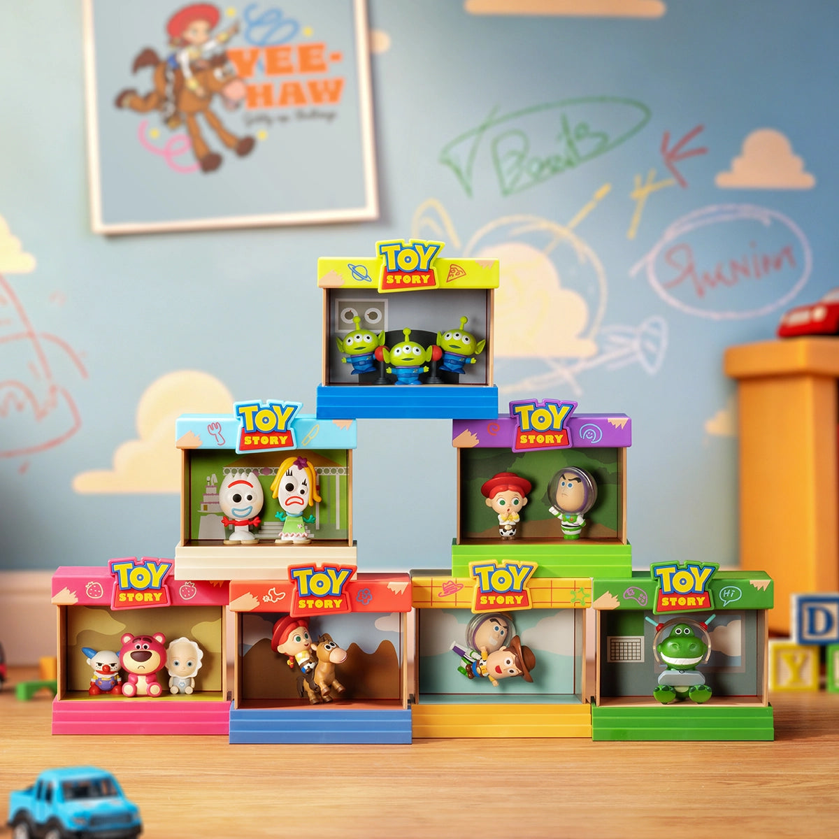 Seven Toy Story Classic Movie Moments stage figures stacked in Andy's room