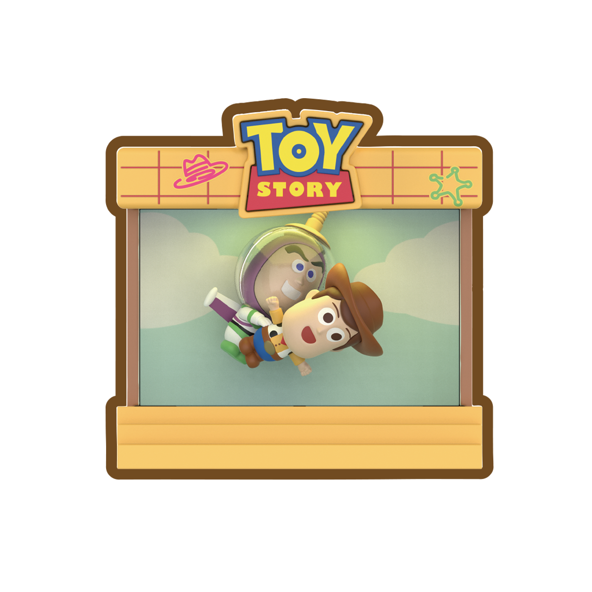Woody and Buzz Lightyear flying together inside a Toy Story stage frame