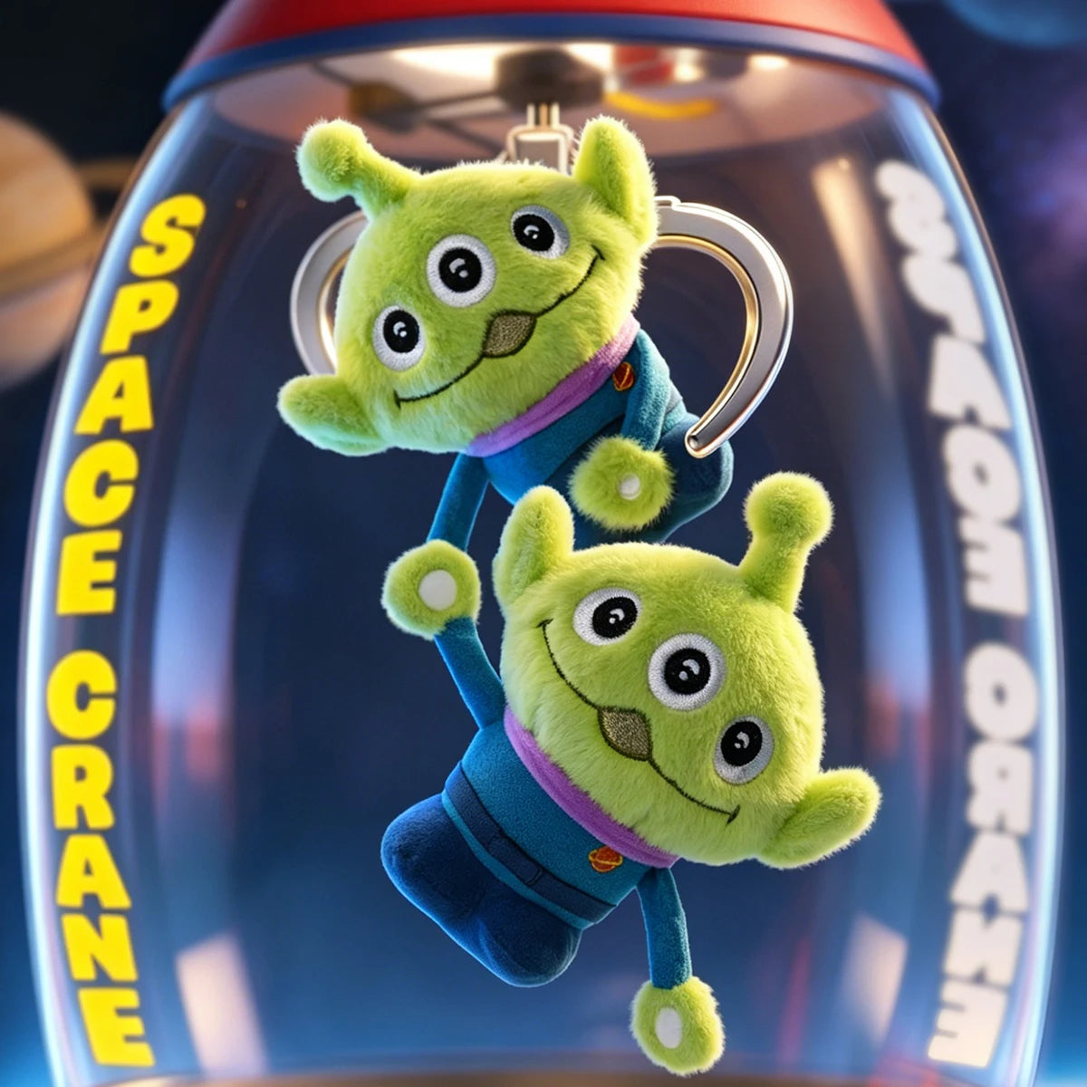 Two Alien plush keychains inside a Space Crane machine from the Toy Story Warm Embrace Series