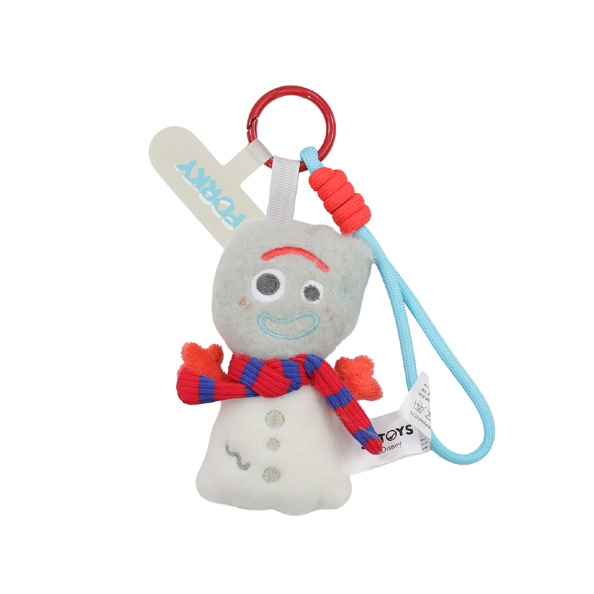 Forky snowman plush phone charm with red-and-blue scarf shown on black