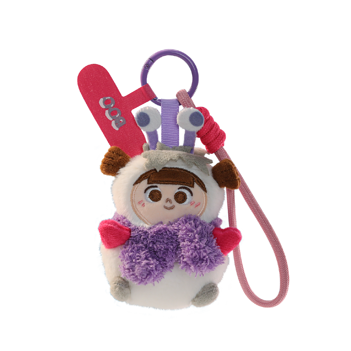 Boo snowball costume plush phone charm with purple scarf shown on black