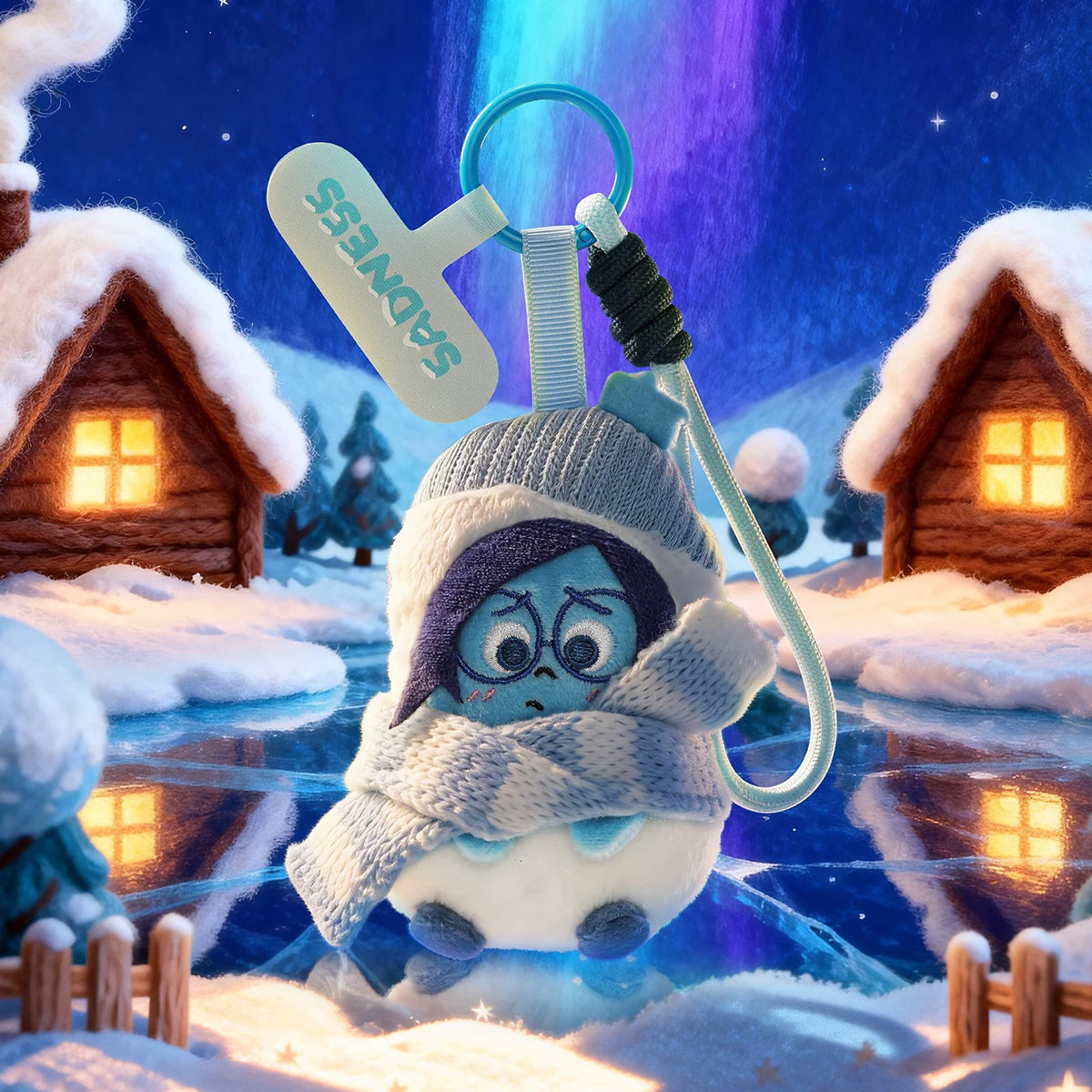 Sadness plush phone charm bundled in a gray hat and scarf beside an icy pond