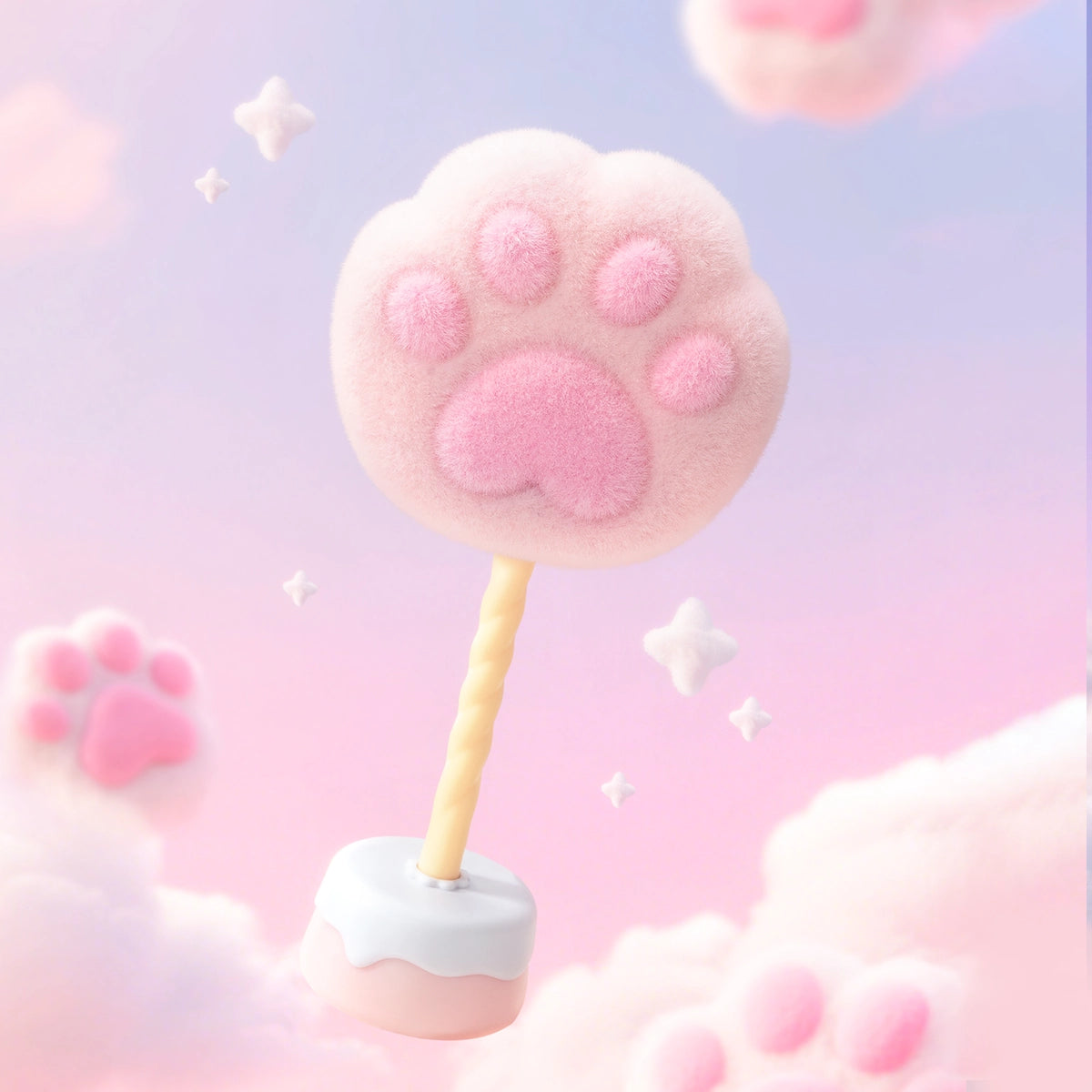 Secret pink paw-print marshmallow lollipop surrounded by sparkling clouds