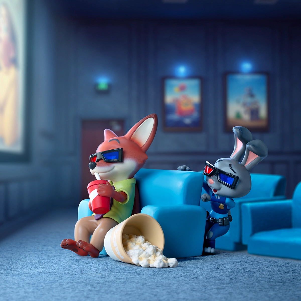 Nick Wilde and Judy Hopps wearing 3D glasses on a sofa with spilled popcorn