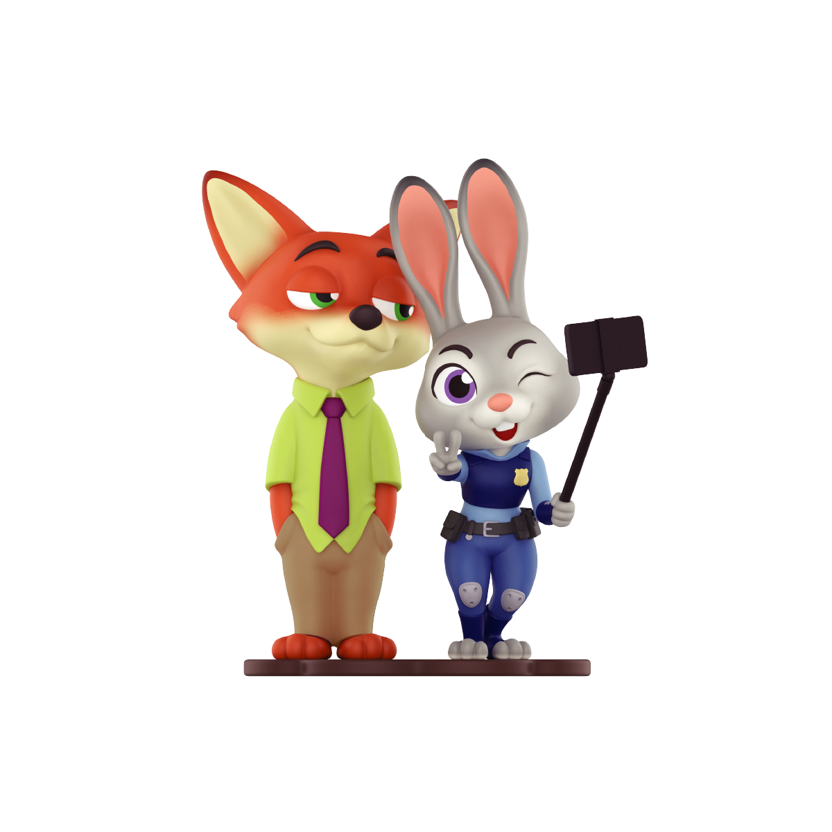 Judy Hopps taking a selfie with Nick Wilde figure front view