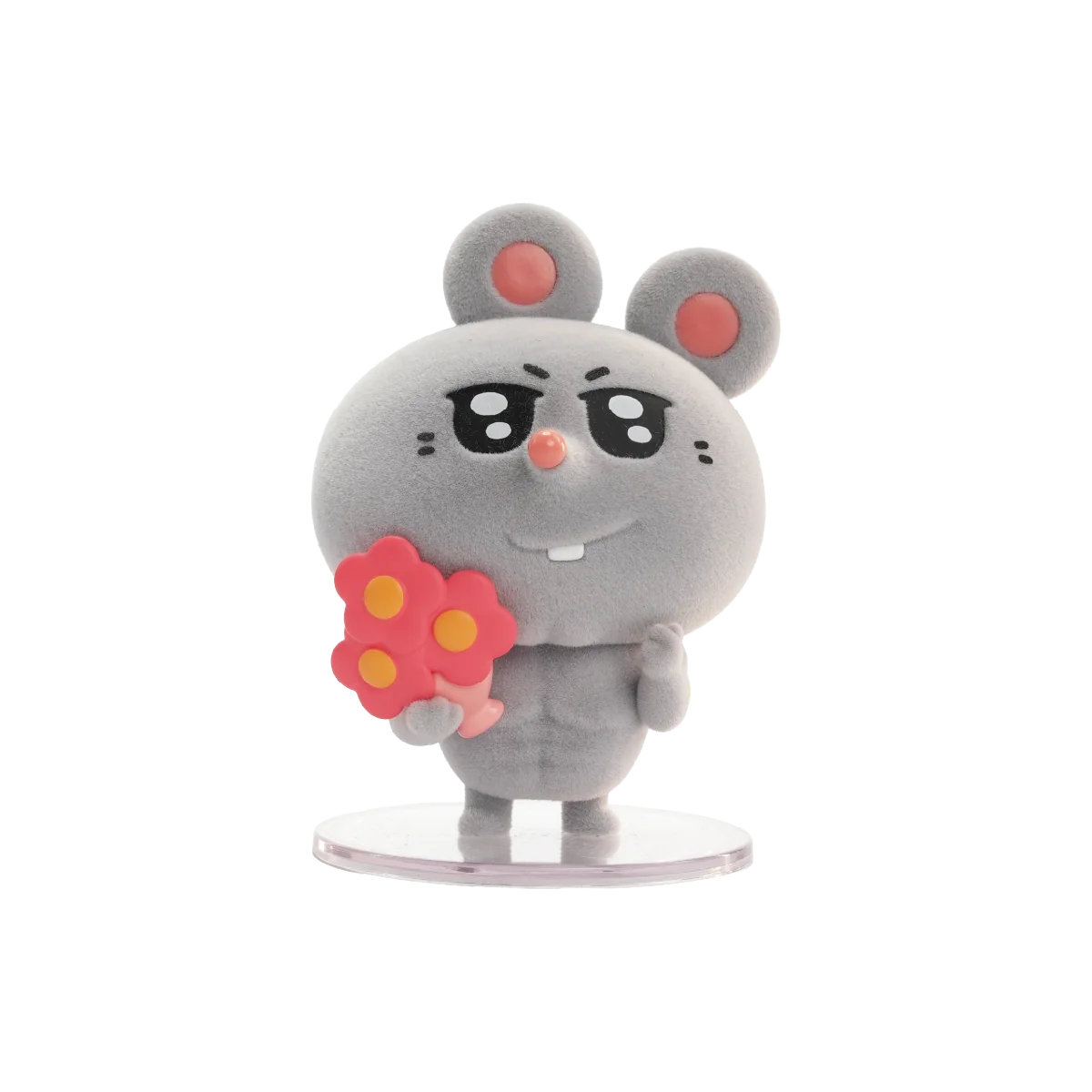 Meiji corporate mouse figure holding a bouquet of red and pink flowers