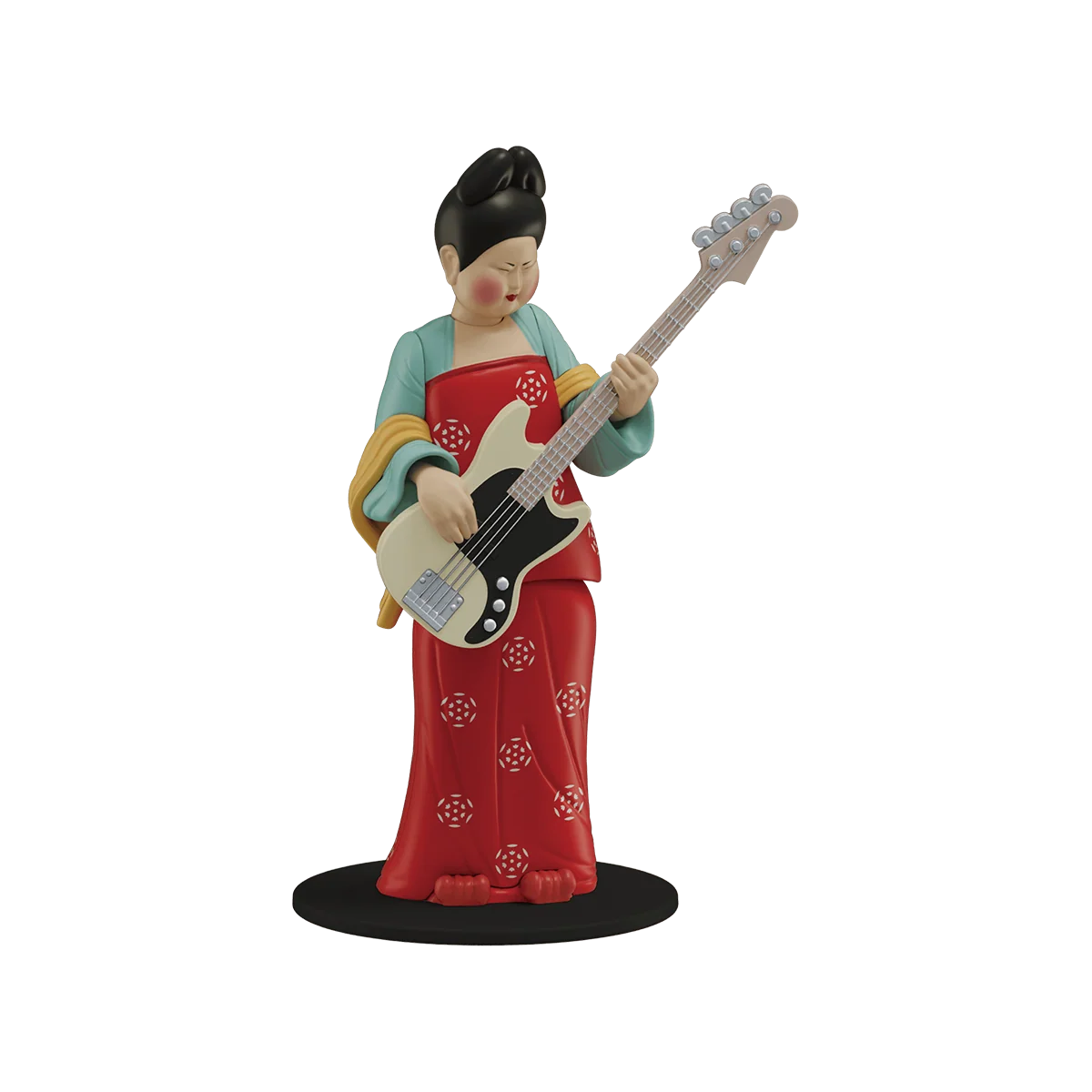 Phoenix Bass Jam Tang court lady in red dress and teal top playing white bass, Modern Ancients Party Queen