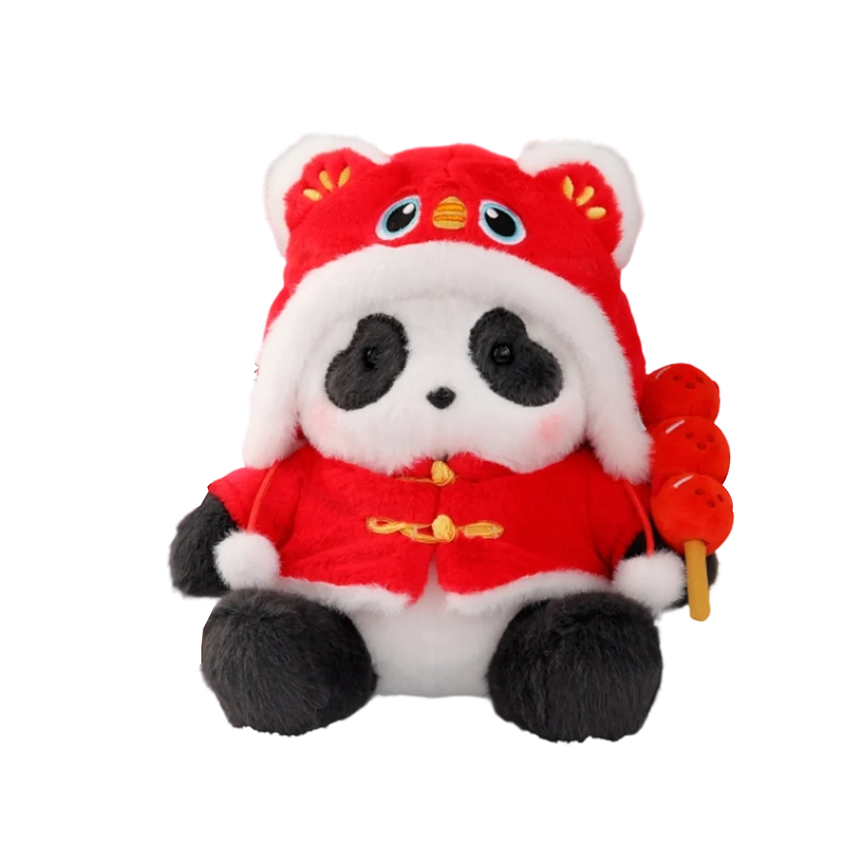 Panda Roll Lucky Fu plush in red tiger-head hat and Tang jacket holding candied hawthorn