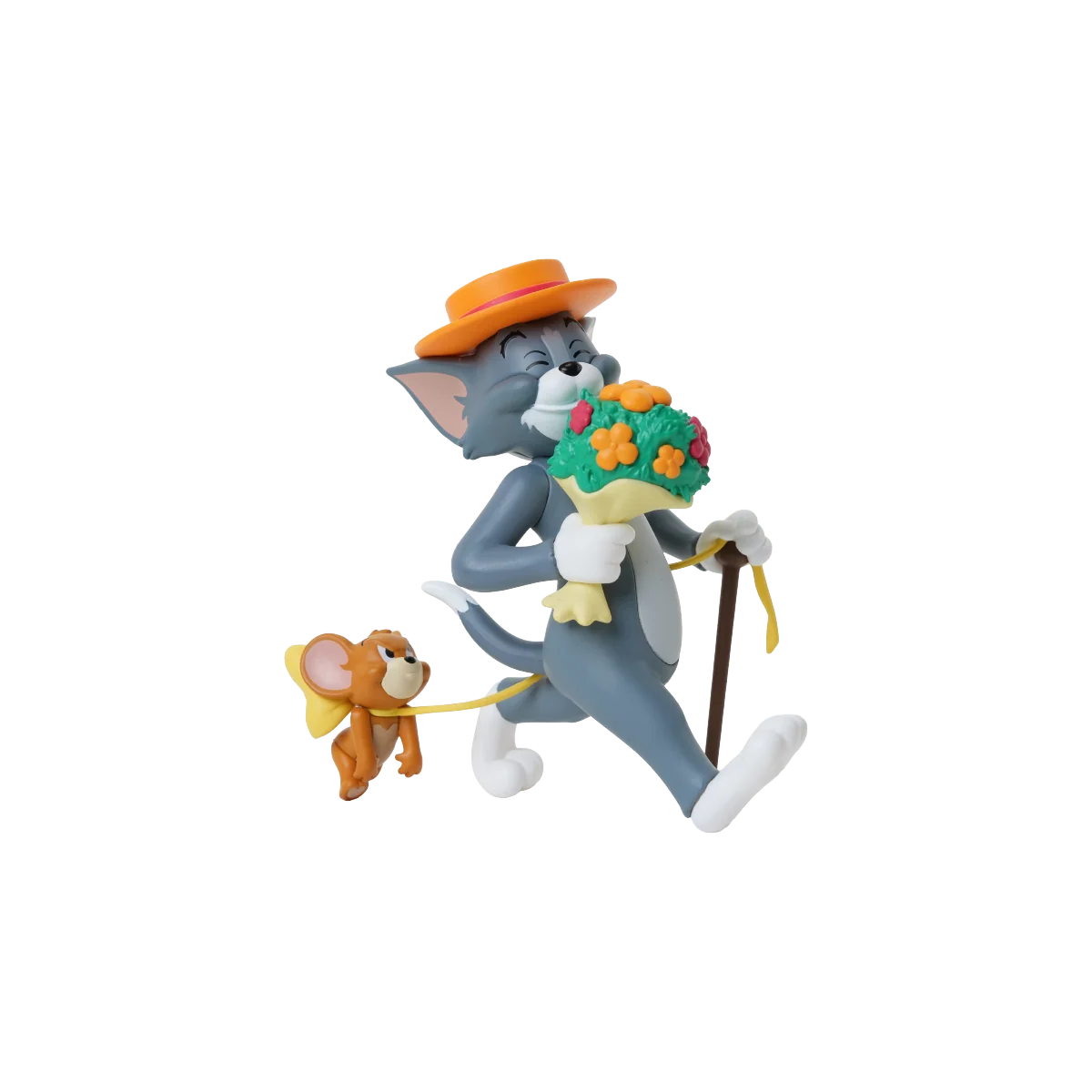 Tom carrying flowers, suitcase, and cane while Jerry hangs from the luggage