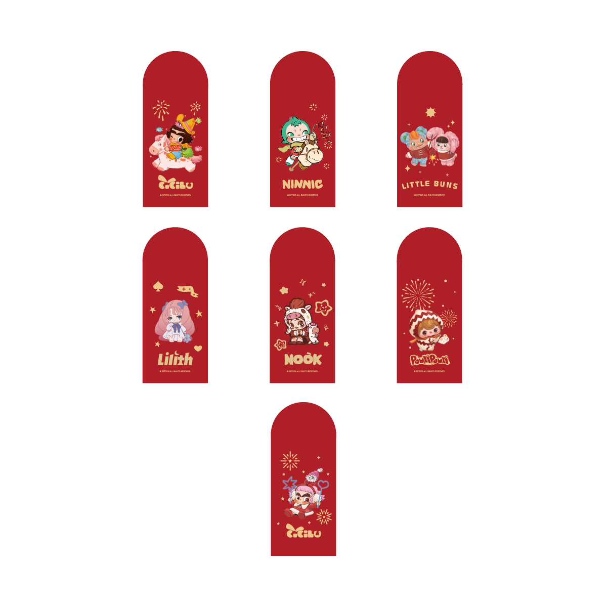 2026 Lunar New Year red envelope set featuring CiCiLu, NINNIC, Little Buns, Lilith, NOOK, and POUKAPOUKA artwork