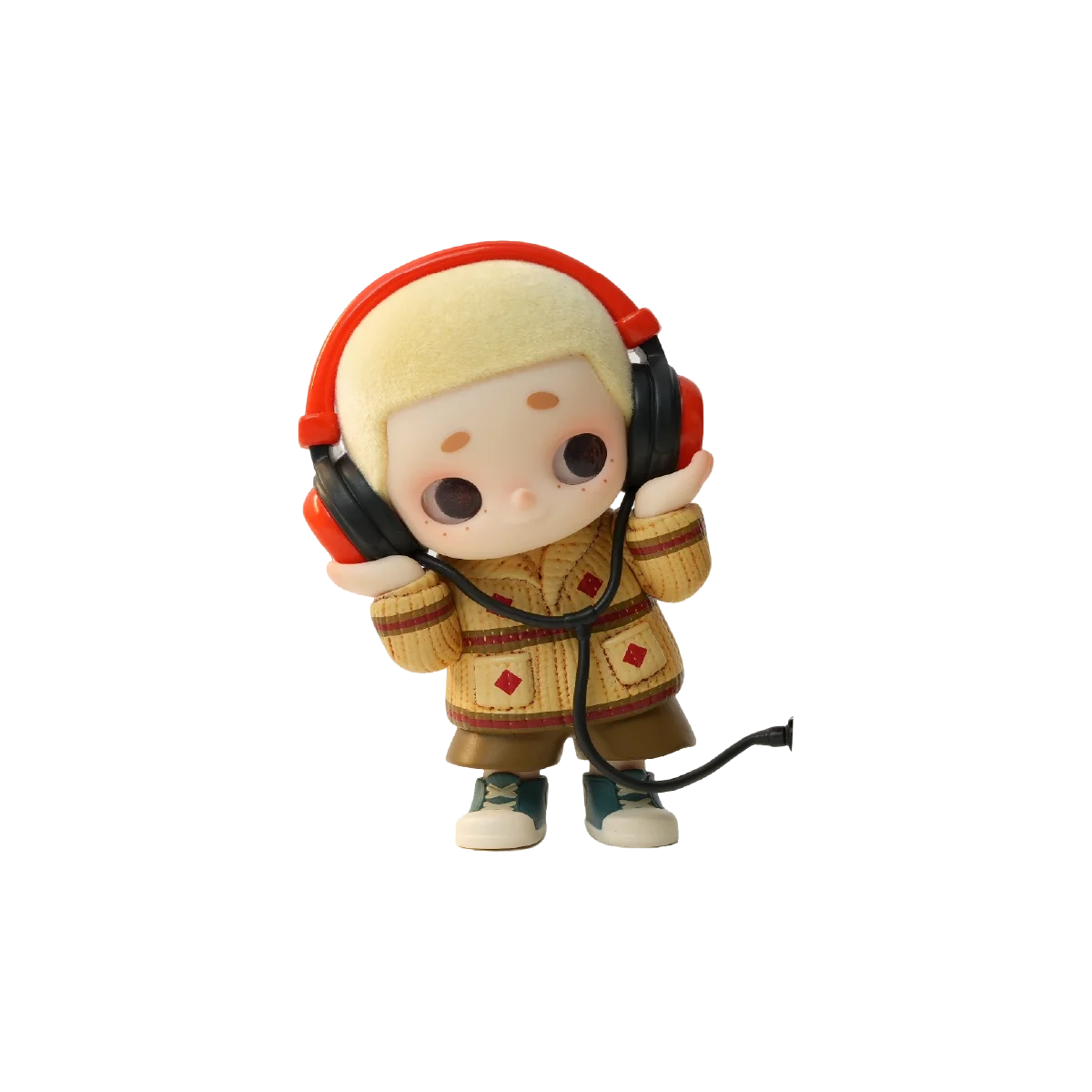 NOOK & SEEK Gemini — Blond character in a tan jacket with large red-and-black headphones and a trailing cable