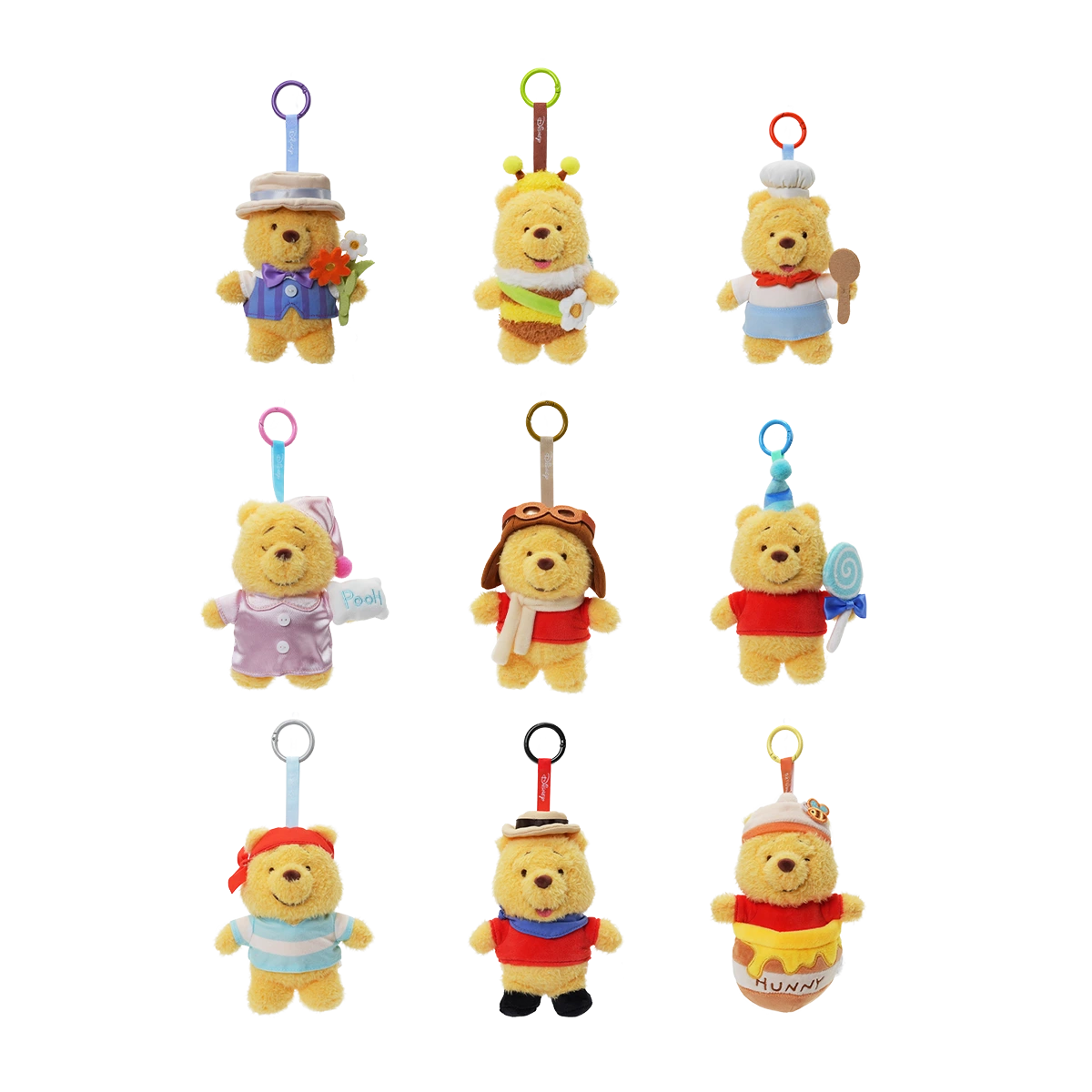 Winnie the Pooh Costume Series — Nine Pooh costume designs arranged in three rows with colored hanging clips
