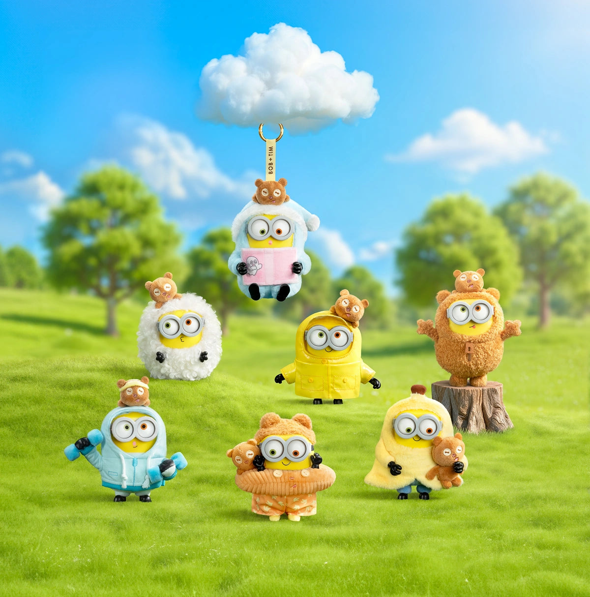 Full lineup of Minion Bob and bear Tim plush keychains in a grassy scene, BOB & TIM Best Buddies Forever