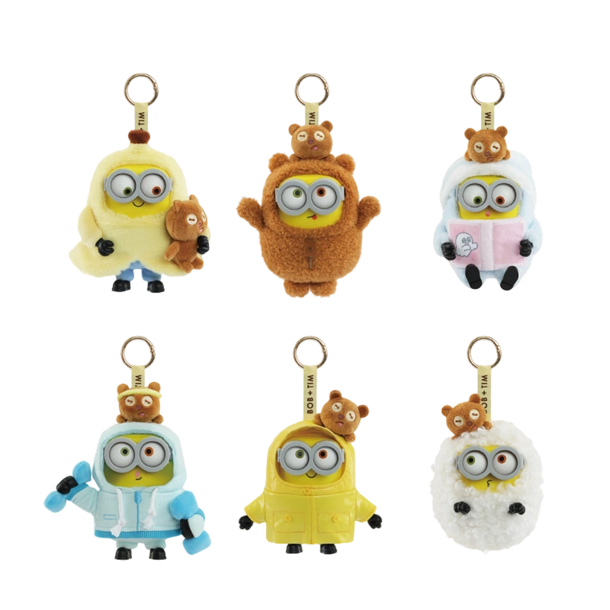 Full set of Minion Bob vinyl plush keychains with bear Tim in cozy costumes, BOB & TIM Best Buddies Forever