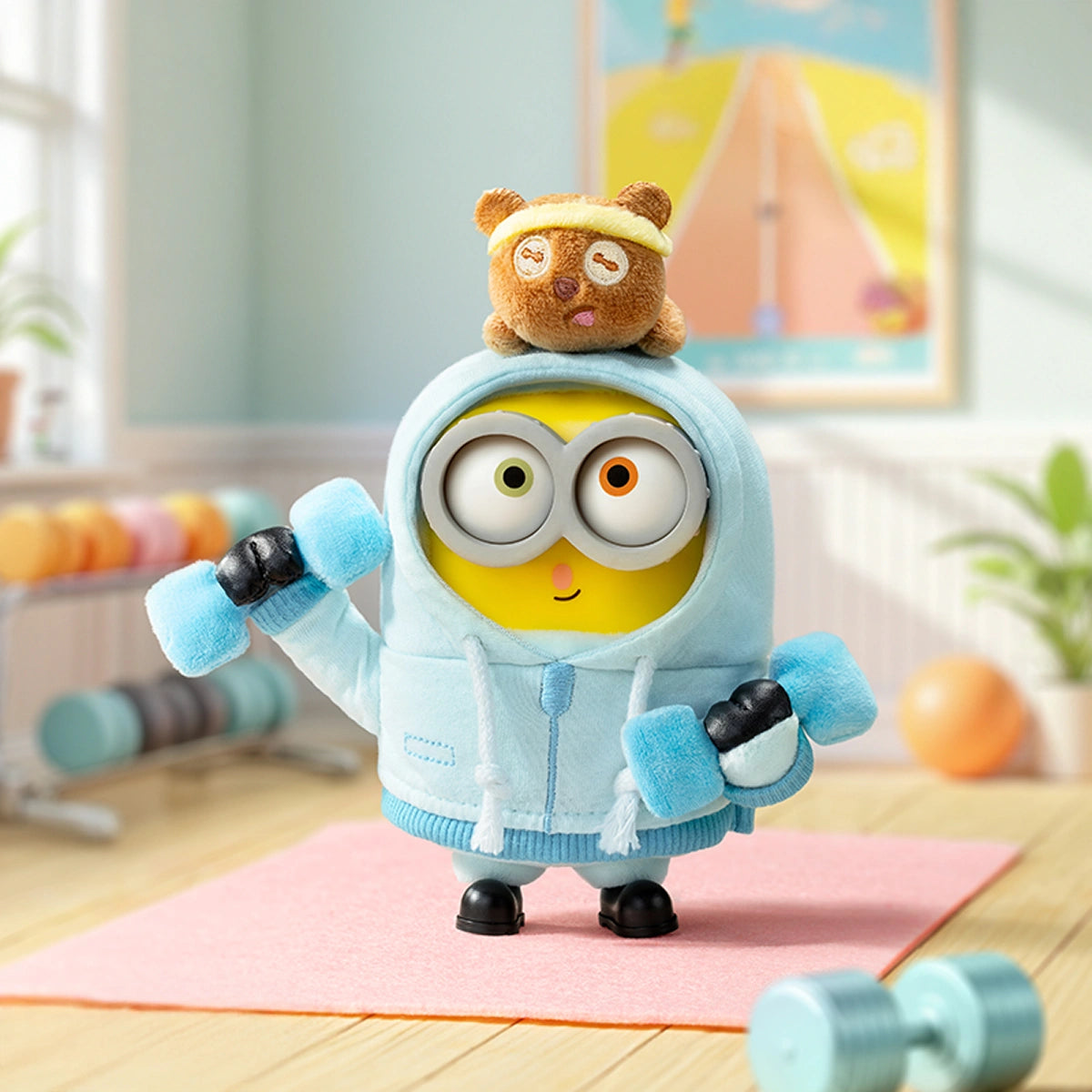 Crushing It Minion Bob in a blue hoodie lifting dumbbells with bear Tim on his head, BOB & TIM Best Buddies Forever