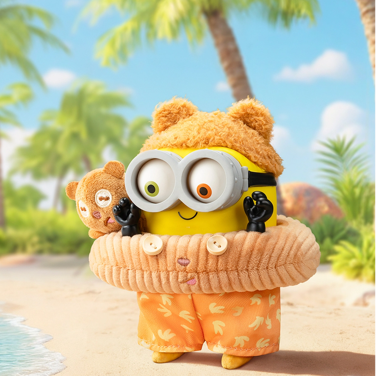 Good Vibes secret Minion Bob at the beach in a swim ring with bear Tim, BOB & TIM Best Buddies Forever