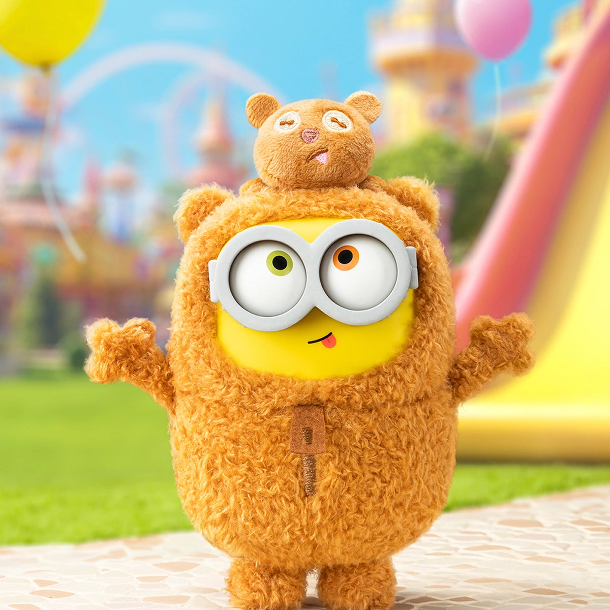 Twinsies Minion Bob in a brown bear onesie matching teddy Tim at an amusement park, BOB & TIM Best Buddies Forever