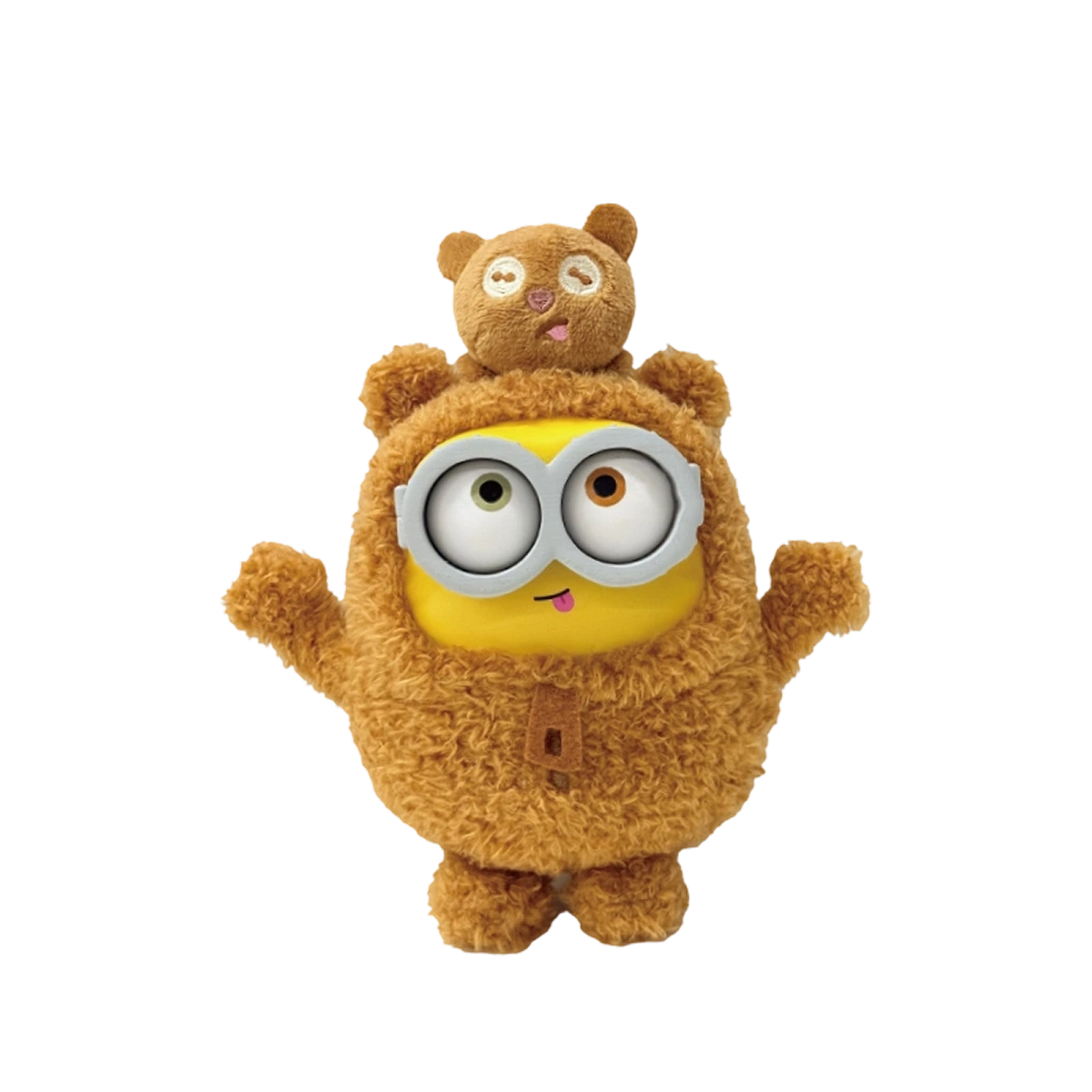Twinsies Minion Bob in a brown bear onesie matching teddy Tim on his head, BOB & TIM Best Buddies Forever by 52TOYS