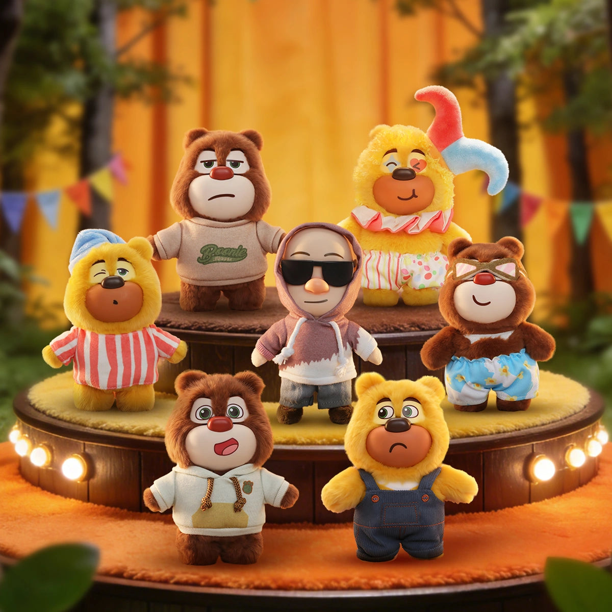 Boonie Bears Fashion Week plush lineup posed on a forest runway stage, blind box