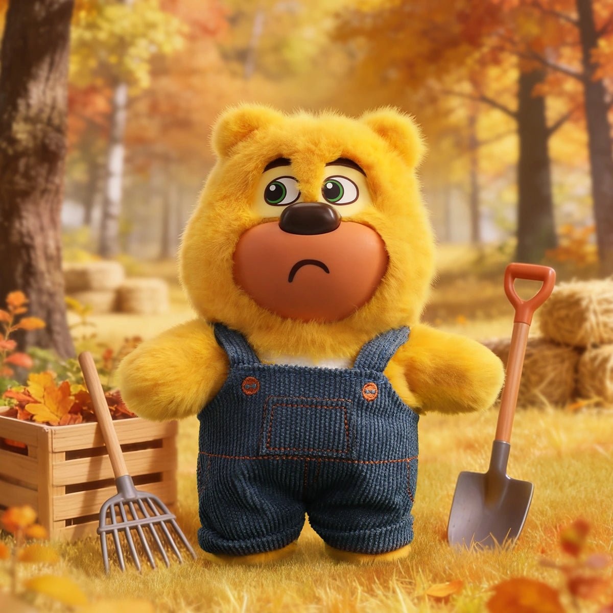 Retro 80s: yellow Bramble bear in denim overalls with a worried face, Boonie Bears Fashion Week