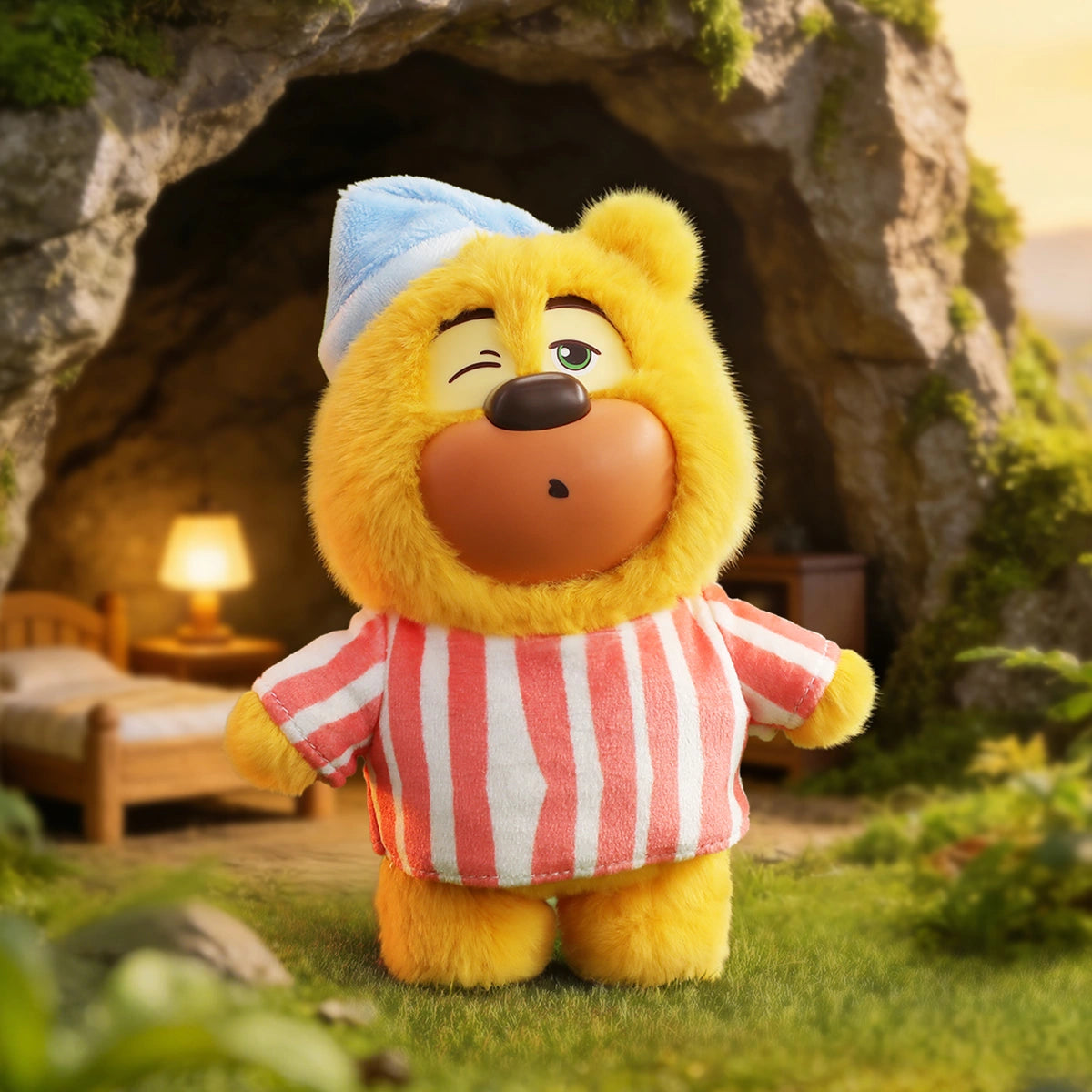 Good Morning Timber Town: yellow Bramble bear in striped pajamas and nightcap, Boonie Bears Fashion Week