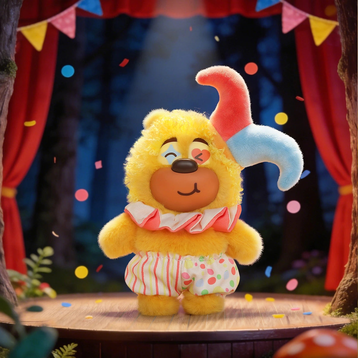 Circus Master: yellow Bramble bear in clown ruffle and party hat on stage, Boonie Bears Fashion Week