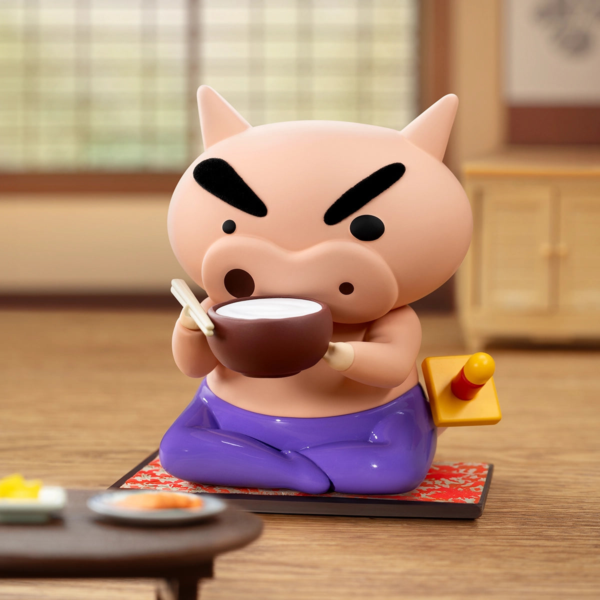 Time to Eat pig eating from a brown bowl with chopsticks on a tatami mat, Buriburizaemon's Daily Life