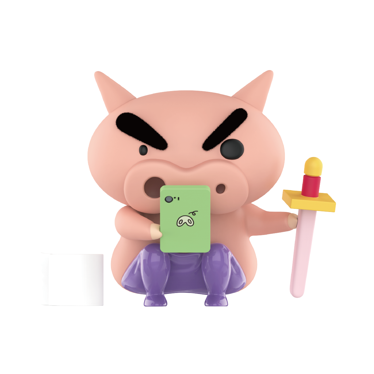 Poop Time pig holding a green phone with toilet paper and pink-handled sword, Buriburizaemon's Daily Life